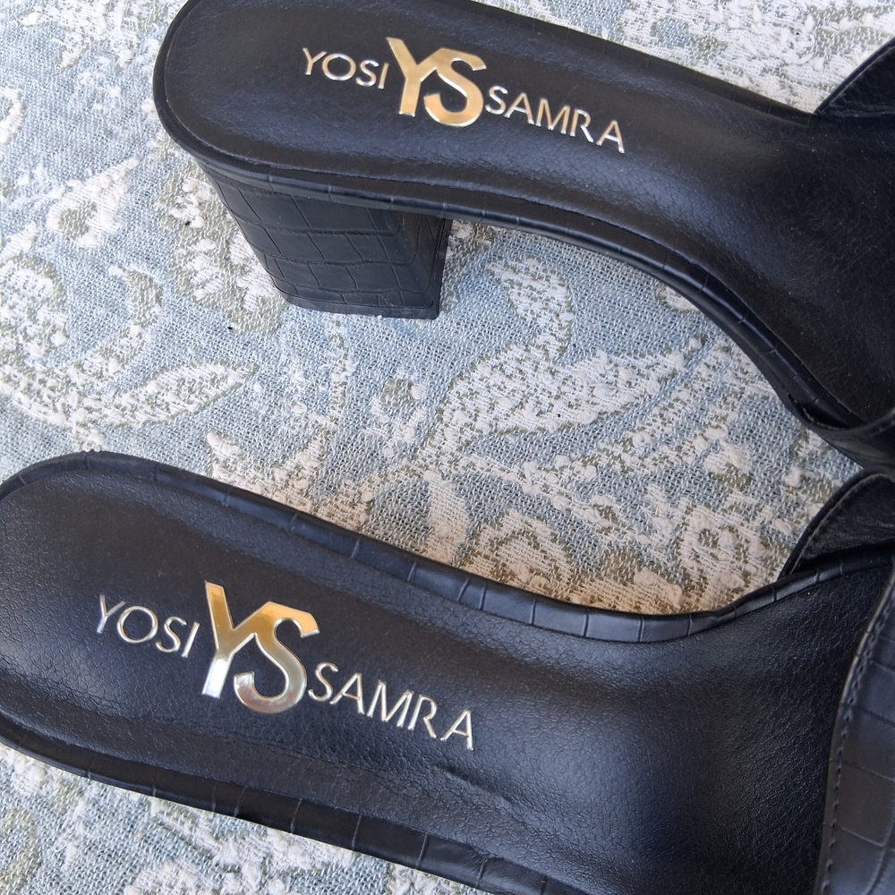 Yosi Samra Croc- Embossed Black Women's Slide Heel Sandals New Sz.9 - Picture 11 of 13
